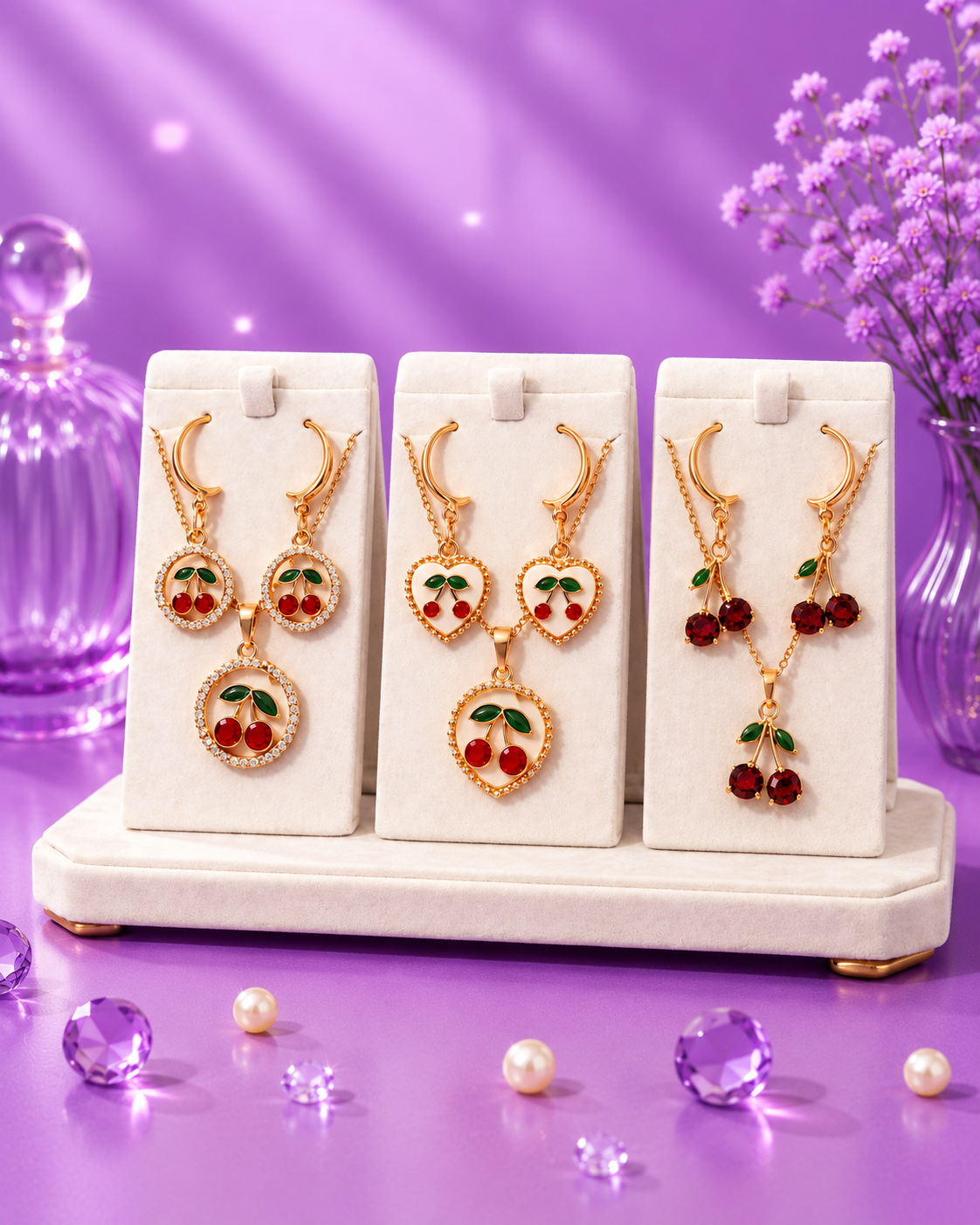 Set de collar y argollas cerezas