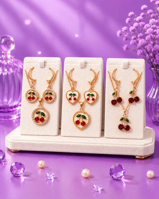 Set de collar y argollas cerezas