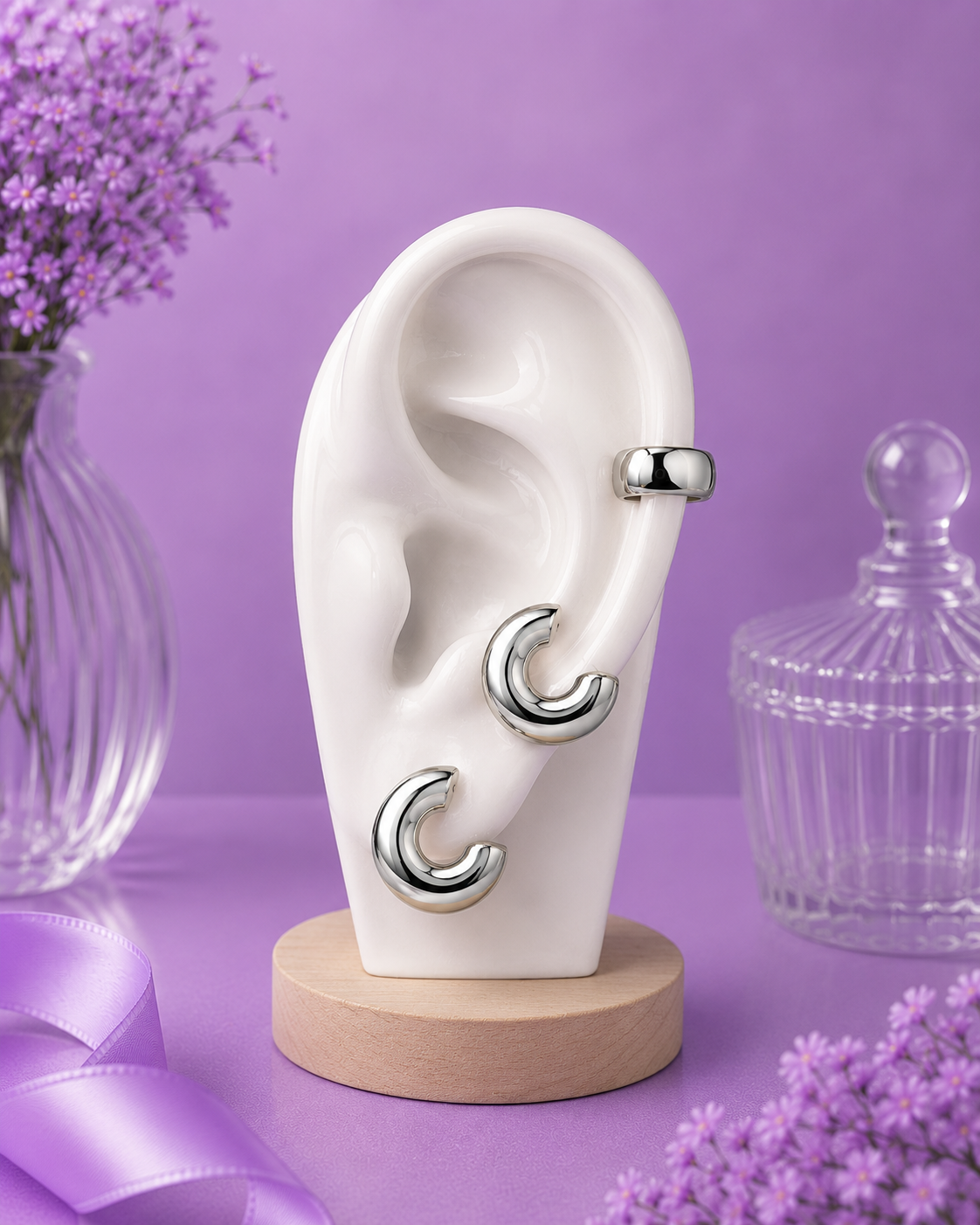 Set de argolla y cuff de oreja plateado