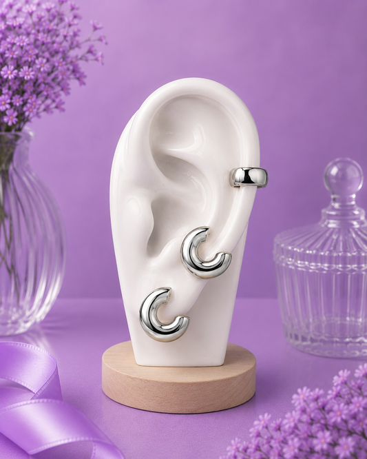 Set de argolla y cuff de oreja plateado