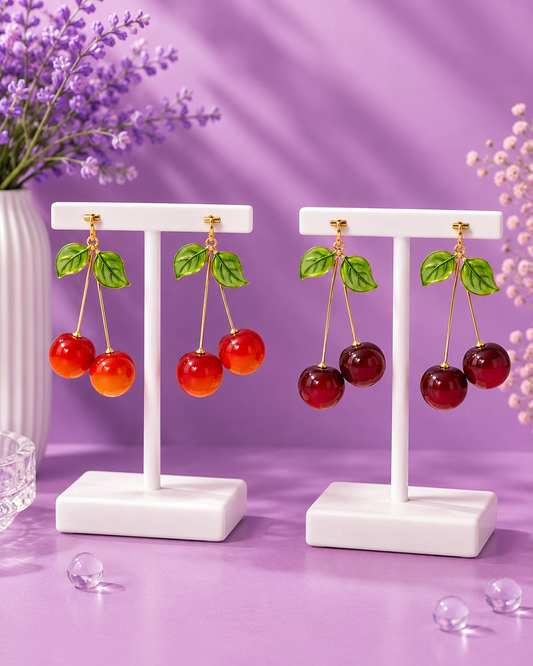 Aretes de cereza colgante con hojas