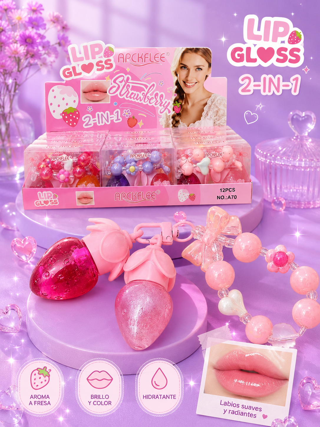 Gloss de fresa doble con pulsera
