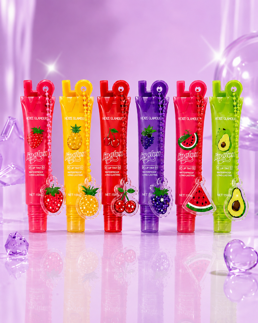 Lip gloss frutales con llavero lentejuela