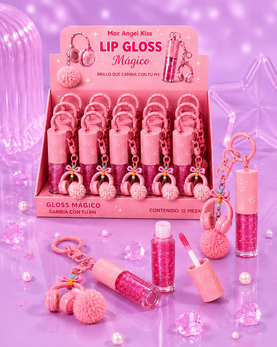 Lip gloss pompón audífonos